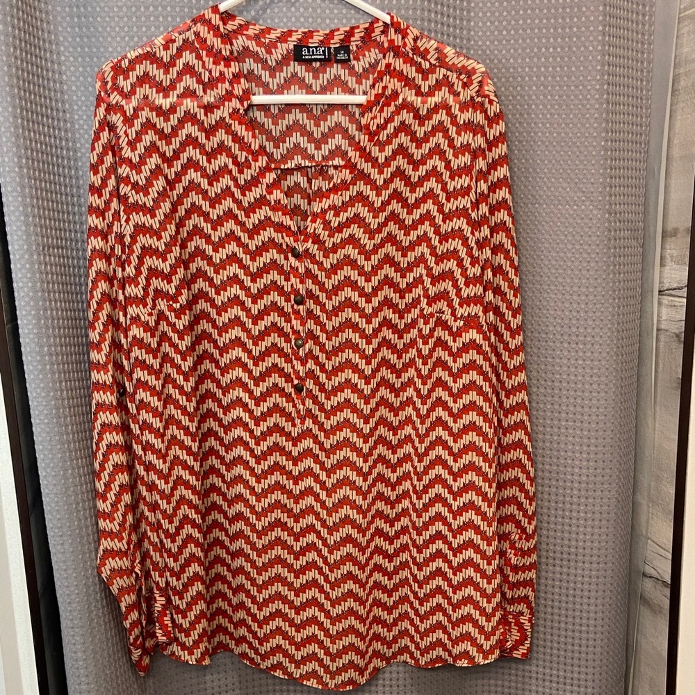 1X a.n.a Red and White Zigzag Blouse semi sheer